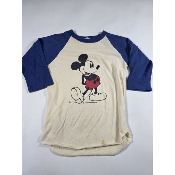 Disney 3/4 Sleeve Baseball Style T-Shirt Size Small Mickey Mouse 70s Blue White - Picture 1 of 3